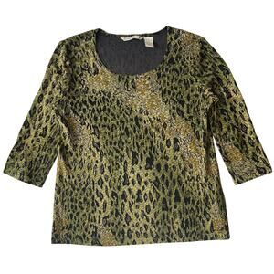 French Laundry Women Blouse S Green Acetate Animal Print Scoop Neck 3/4 Sleeve
